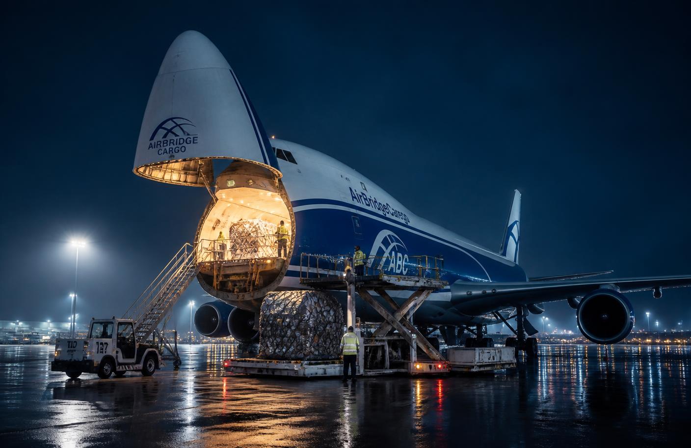 Freighter aircraft loading cargo on an airport apron at night
