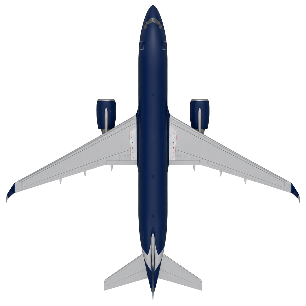 Top-down view of a twin engine commercial airliner