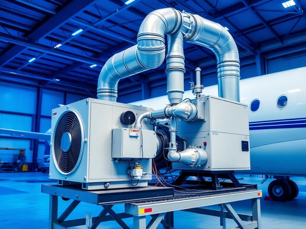 Auxiliary power unit and pneumatic ducting components on a stand in a hangar