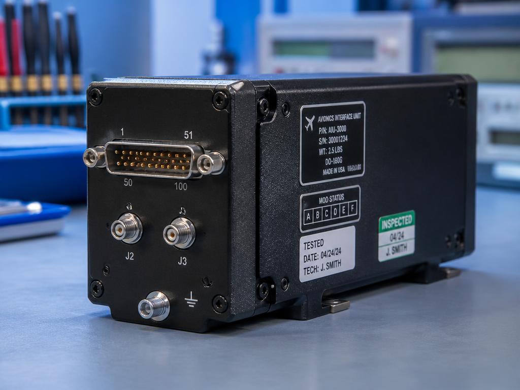 Aircraft avionics line replaceable unit with connector pins and inspection labels
