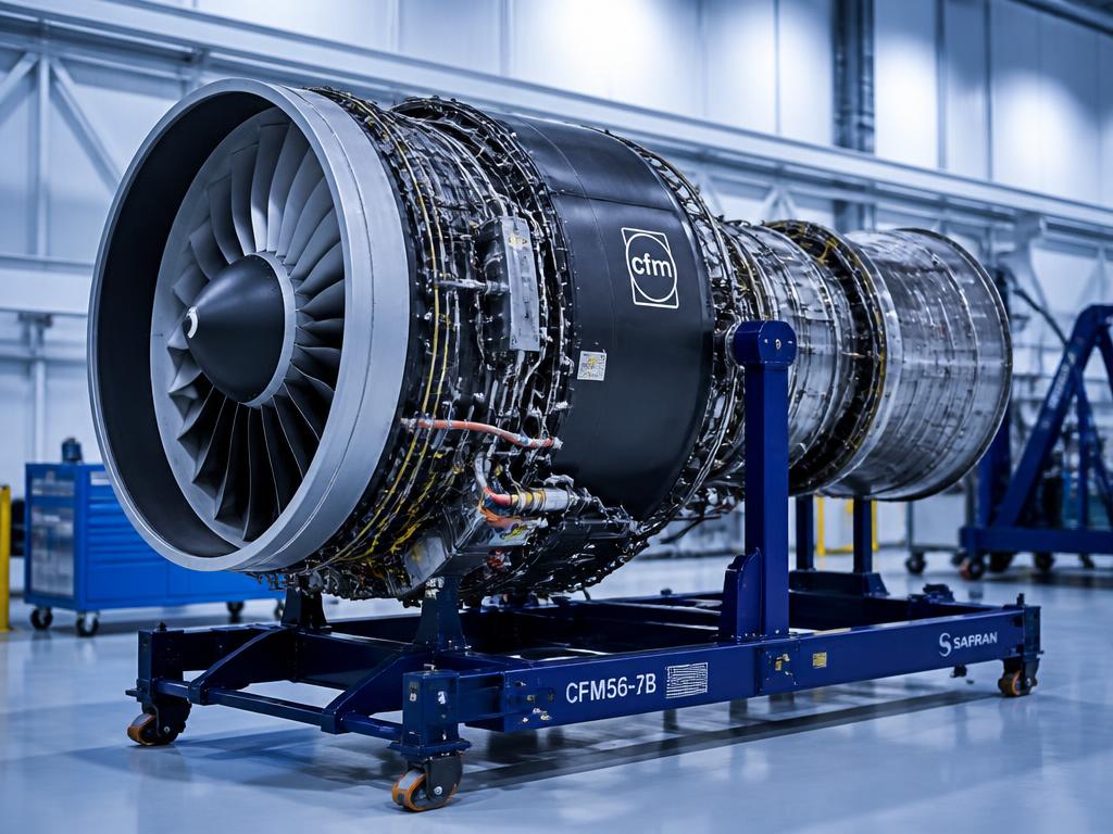 CFM56 turbofan engine module mounted on a blue maintenance stand in a hangar