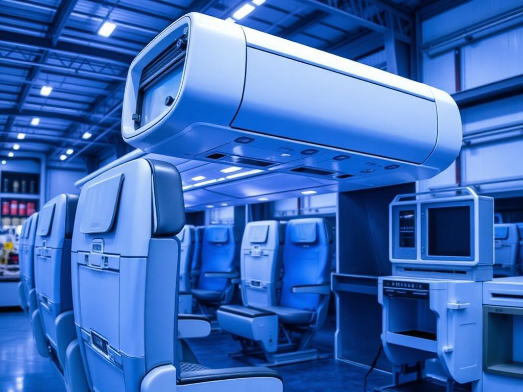 Aircraft cabin seats, overhead bins and galley inserts stored in a warehouse