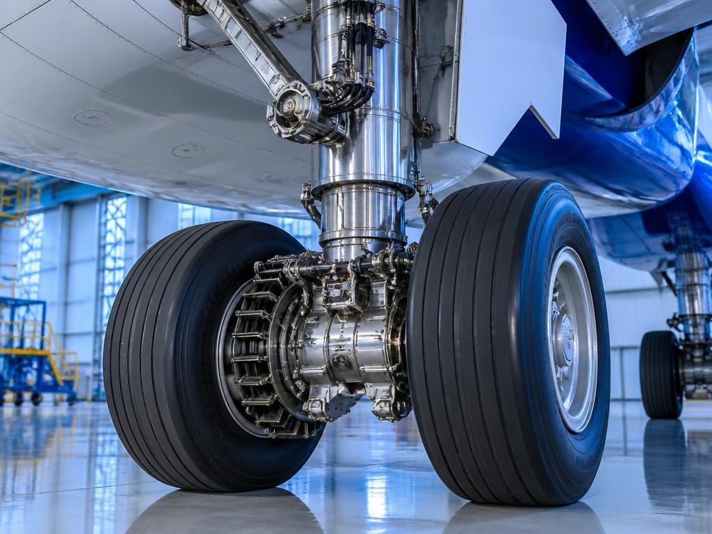 Commercial airliner main landing gear with polished shock strut and brake stack