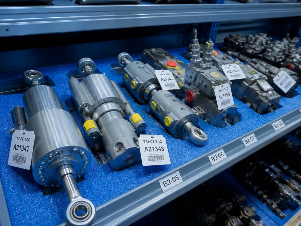 Aviation hydraulic actuators and pumps on blue foam with serialised trace tags
